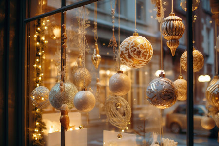 golden christmas balls. New Year's decor. Christmas decoration on the window. Generative AIの素材