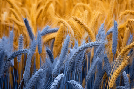Yellow-blue ears of wheat. Grain export from Ukraine. Ukrainian grain. Generative AI.の素材