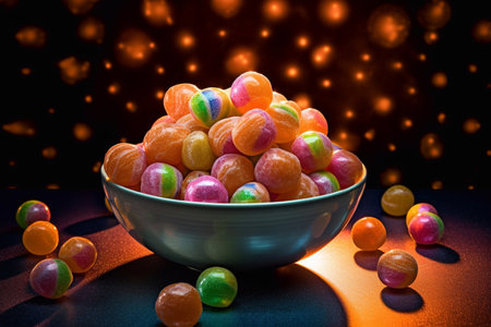 Festive round caramel candies in a plate. Generative AI.の素材