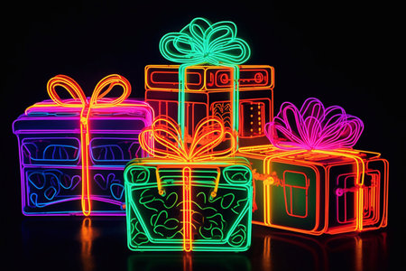 neon gifts. Christmas celebration. New Year's gifts.の素材