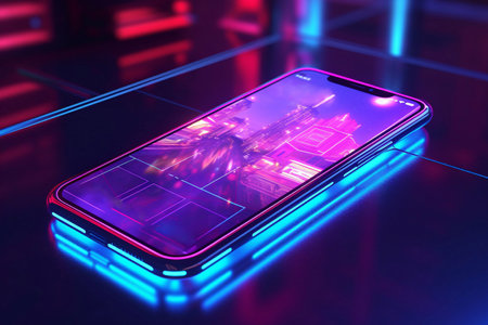 Smartphone with neon lights on the table.の素材
