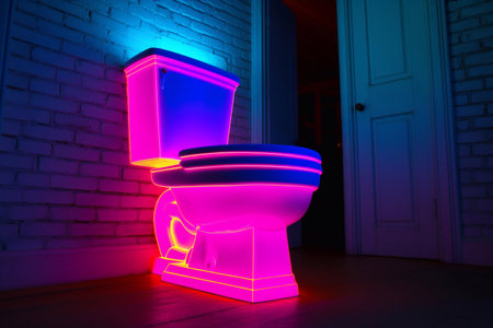 Toilet with neon lighting. Hygiene room at night.の素材