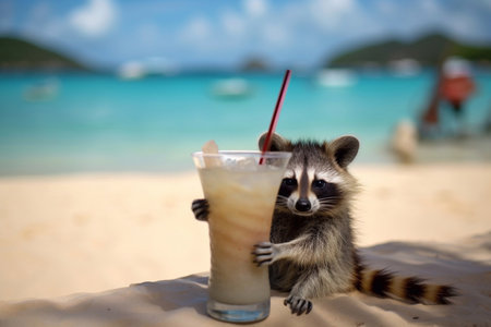 Raccoon with a cocktail on the beach. The long-awaited vacation. Raccoon resting on a sandy beach.の素材