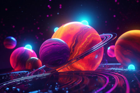 Neon planets of space. Fantastic space. Planets of the solar system.の素材