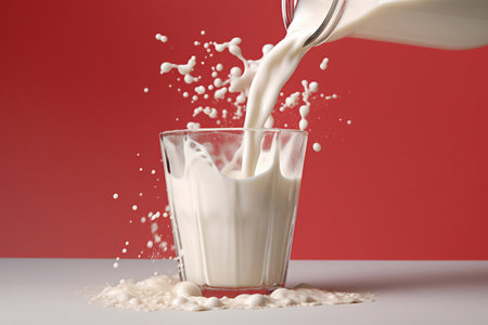 Fresh milk is poured into a glass. Homemade milk. Dairy products.の素材