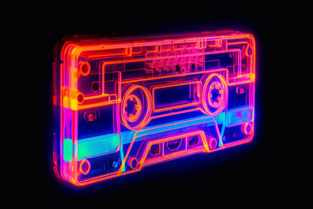 neon cassette. Nostalgia of the 90s. Audio cassette for listening to music.の素材