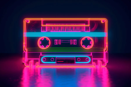 neon cassette. Nostalgia of the 90s. Audio cassette for listening to music.の素材