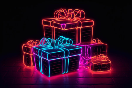 Neon gifts. A gift in a box. New Year's gift. Win.の素材