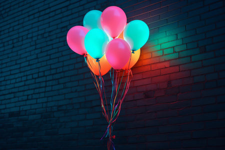 Neon balloons. Birthday present. Festive surprise.の素材