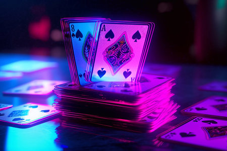 Playing cards with neon effect. Gambling. Online games. Casino games.の素材