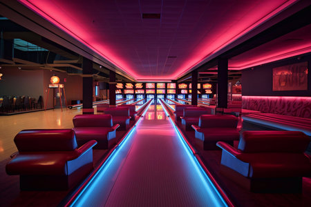 Bowling club with neon effect. Bowling room Sports game.の素材