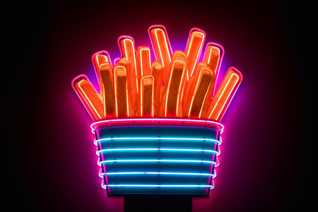 French fries neon. Fast food restaurant.の素材