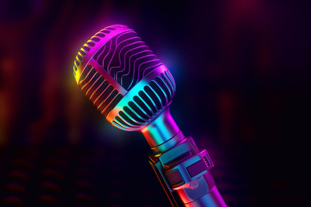 Microphone. Online podcast. Radio broadcasting. Studio of sound recording.の素材