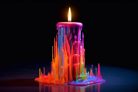 Candle with neon light. Romance. Aroma candle. Candle in the glass.の素材