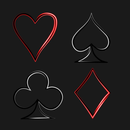 Vector isolated illustration of suit set of playing cards. Contour colors with a neon effect.のイラスト素材