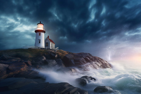 A lighthouse on the seashore. A storm at sea. Guiding brilliance: seaside lighthouse majesty.の素材
