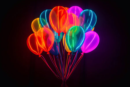 Neon balloons. Birthday present. Festive surprise.の素材