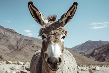 Animal donkey in the mountains.Mirthful Meadow: Whimsical Donkey Portraitの素材