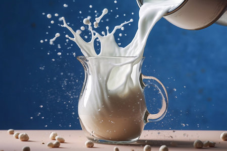 Fresh milk is poured into a glass. Homemade milk. Dairy products.の素材