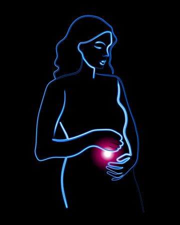 Vector isolated illustration of a pregnant woman. Contour drawing of a pregnant girl with a neon effect.のイラスト素材