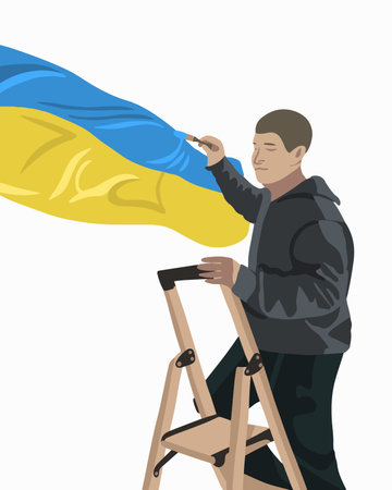 Vector isolated illustration of a man drawing the flag of Ukraine. Art of Ukraine.のイラスト素材