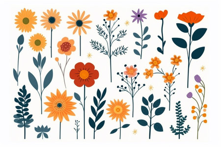 A set of flowers and plant elements on a white background.の素材