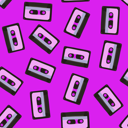 Vector isolated illustration of pattern with tape recorder cassette. Nostalgia of the 90s. Audio cassette for listening to music.のイラスト素材