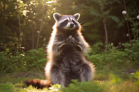 Raccoon yoga. Meditation in nature. Yoga retreat.の素材