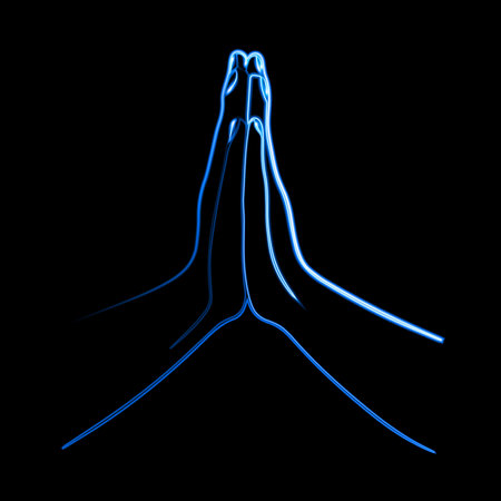 Vector isolated illustration of praying hands with neon effect.のイラスト素材