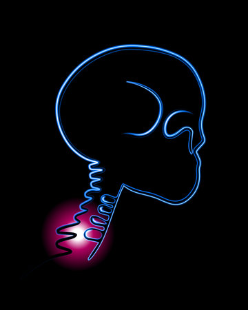 Vector isolated illustration of cervical vertebrae pain. Contour drawing of the cervical region with localization of pain in the vertebrae.のイラスト素材
