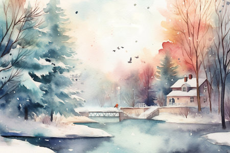 Winter watercolor card. Winter landscape.の素材