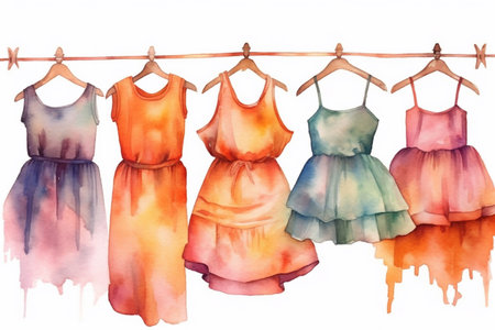 Clothes on hangers watercolor. Women's clothing store.の素材