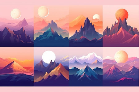 Set of landscape icons with mountains on a white background.の素材