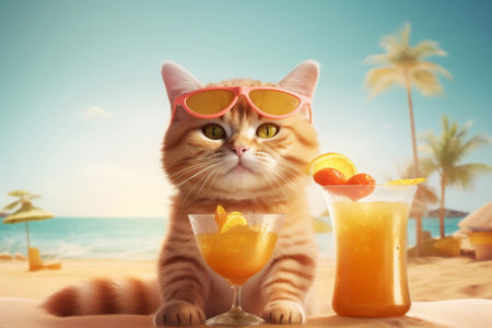 Cat with a cocktail on the beach. The long-awaited vacation. Cat resting on a sandy beach.の素材