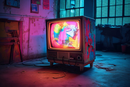 Old TV with neon effect. Nostalgia of the 80s.の素材