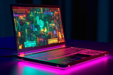 Laptop with neon effect. New technologies in the computer industry. Gaming laptopの素材