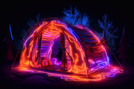 A tourist tent with a neon effect. A place for camping. Tourist equipment.の素材