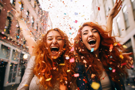 Girls have fun with confetti.Portrait of two smiling young women in confetti.の素材