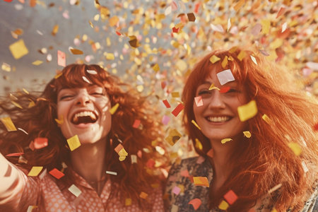 Girls have fun with confetti.Portrait of two smiling young women in confetti.の素材