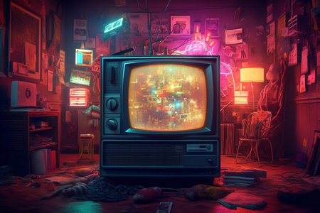 Old TV with neon effect. Nostalgia of the 80s.の素材