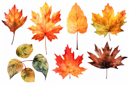 Set of watercolor autumn leaves on a white background.の素材