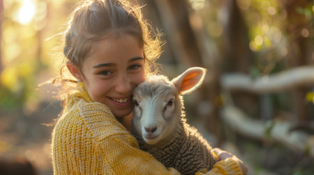 A happy young volunteer embraces a fluffy lamb, providing warmth and love in a serene animal sanctuary settingの素材