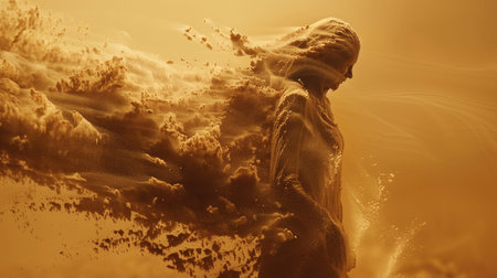 A captivating sand animation reveals a delicate figure in motion amidst a backdrop of vibrant, swirling sands during twilightの素材
