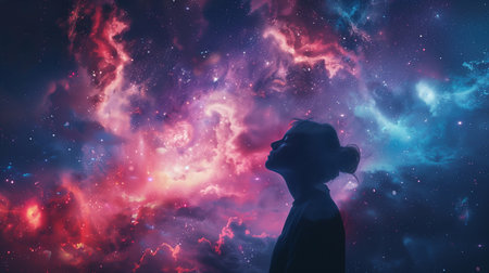 A figure appears against a backdrop of swirling galaxies and vibrant cosmic clouds, evoking a sense of deep explorationの素材