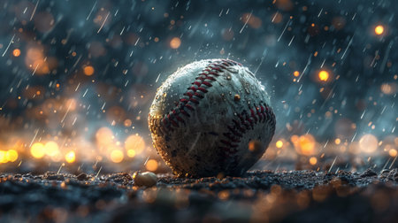 Water drips from a weathered baseball on a gritty ground, illuminated by scattered sparks amidst heavy rainfallの素材