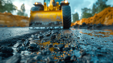 Heavy machinery is actively repairing a rural road, smoothing freshly laid asphalt while surrounded by construction materials and sceneryの素材