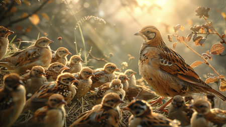 Numerous quails gather on the ground, illuminated by soft sunlight filtering through nearby foliage on a peaceful farmの素材
