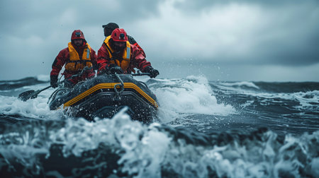 Rescuers are seen navigating through rough water, wearing safety gear as they respond to an emergency situation at seaの素材