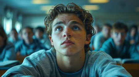 A young student looks up pensively, absorbed in thought while taking a test in a classroom with other students presentの素材