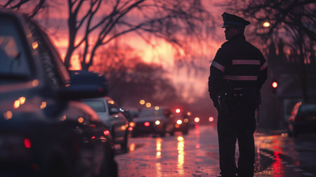 A police officer stands on a rainy street during sunset, observing the surroundings as cars pass by and lights illuminate the areaの素材